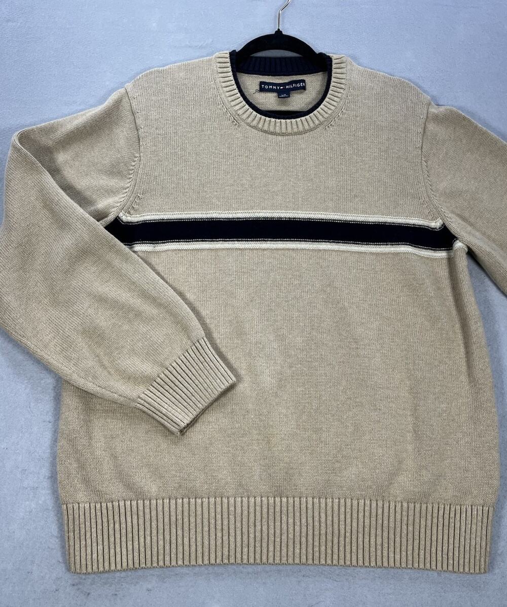 Vintage Tommy Hilfiger Mens Large Cotton Sweater Beige Navy Stripe Hong Kong